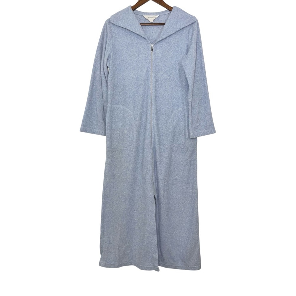 VTG Diamond Tea Terry Cloth Zip Front Robe Housecoat Light Blue Maxi